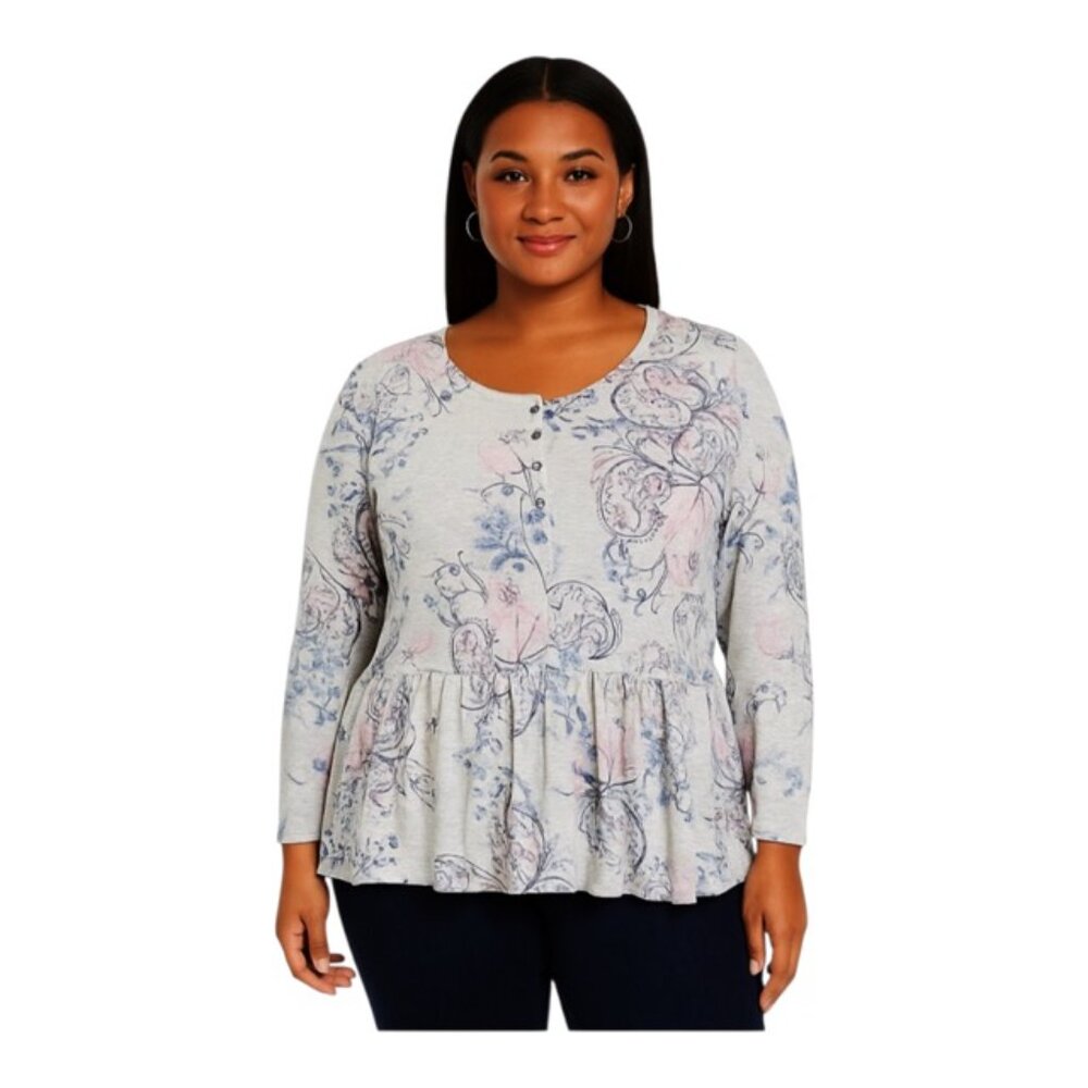 Style & Co. Size 0X 1/4 Button Down Long Sleeve Floral Peplum Sketchbook Top NWT